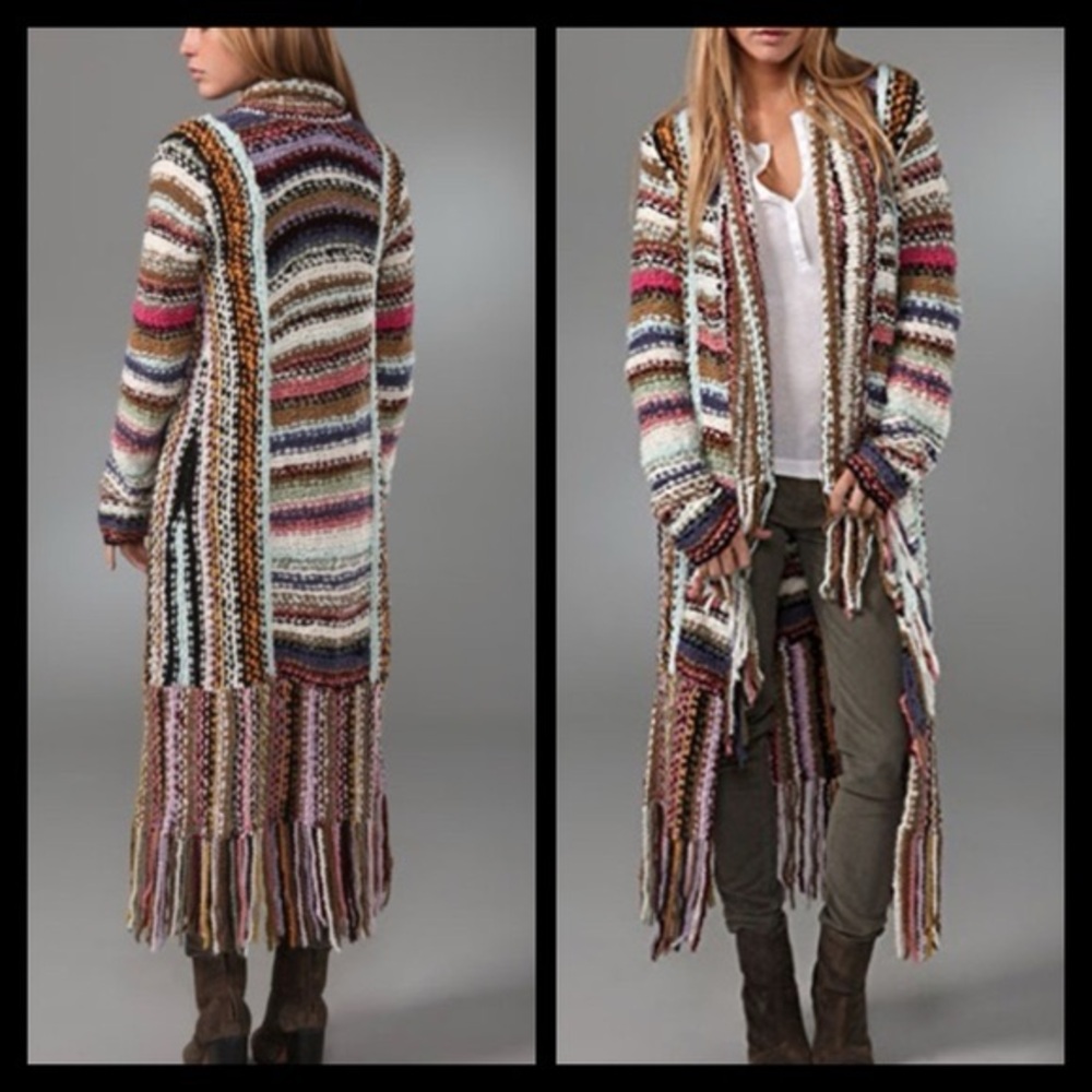 T Party Rare Technicolor Knit Long Duster Cardigan Fringe Bohemian Free People